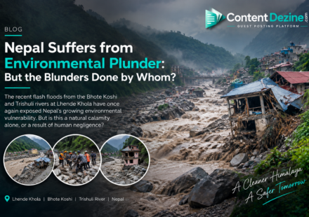 Nepal flash flood disaster at Lhende Khola, showing the Bhote Koshi and Trishuli river region overwhelmed by muddy floodwaters, rocks, debris, and damaged buildings against a misty Himalayan landscape.