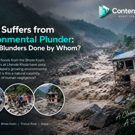 Nepal flash flood disaster at Lhende Khola, showing the Bhote Koshi and Trishuli river region overwhelmed by muddy floodwaters, rocks, debris, and damaged buildings against a misty Himalayan landscape.