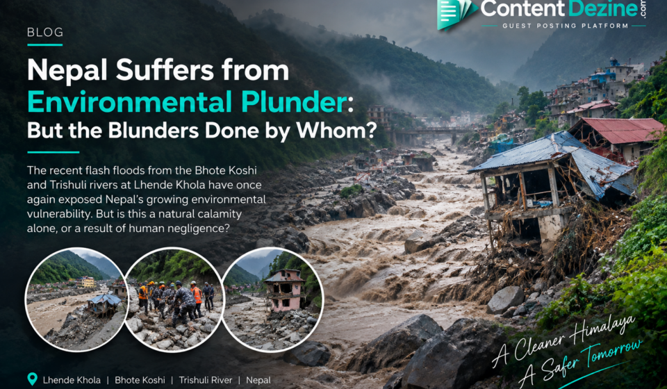 Nepal flash flood disaster at Lhende Khola, showing the Bhote Koshi and Trishuli river region overwhelmed by muddy floodwaters, rocks, debris, and damaged buildings against a misty Himalayan landscape.