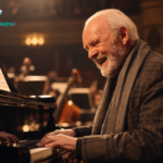 Sir Anthony Hopkins playing a grand piano during an orchestral performance, surrounded by warm stage lighting and musicians in the background