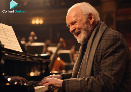 Sir Anthony Hopkins playing a grand piano during an orchestral performance, surrounded by warm stage lighting and musicians in the background