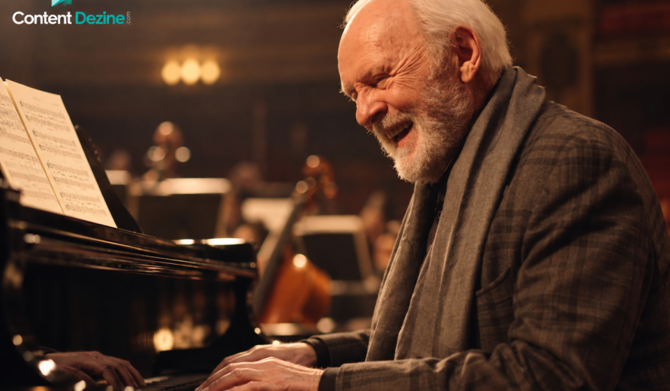 Sir Anthony Hopkins playing a grand piano during an orchestral performance, surrounded by warm stage lighting and musicians in the background