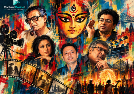 Abstract poster featuring Goddess Durga, five Bengali filmmakers, film reels, and Durga Puja scenes in vibrant painterly strokes.