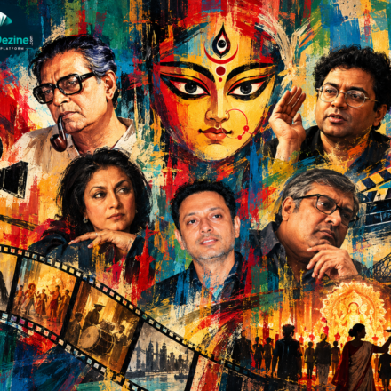 Abstract poster featuring Goddess Durga, five Bengali filmmakers, film reels, and Durga Puja scenes in vibrant painterly strokes.