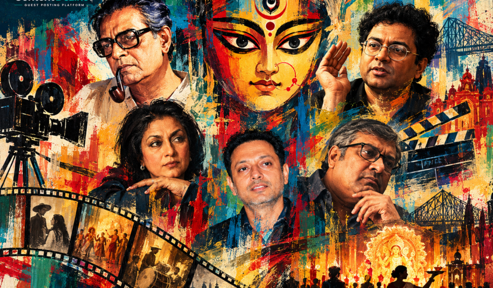 Abstract poster featuring Goddess Durga, five Bengali filmmakers, film reels, and Durga Puja scenes in vibrant painterly strokes.