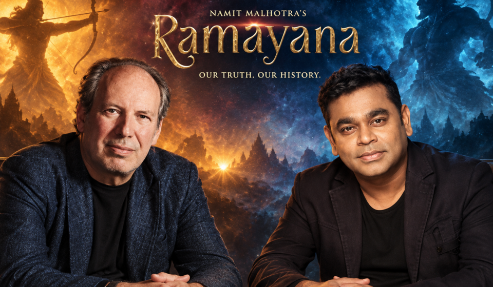 Hans Zimmer and A R Rahman sitting on he set of Ramayana