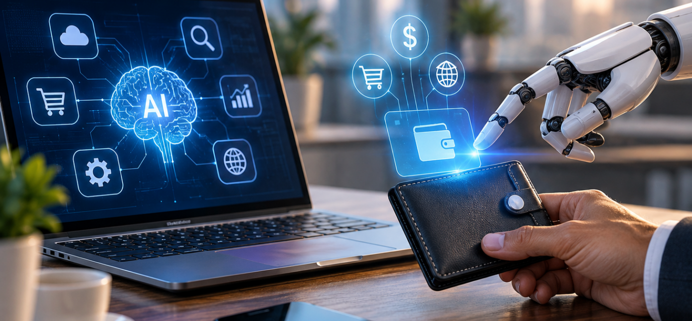AI agent using a smart wallet for digital payments with an AI-powered API interface displayed on a laptop in a modern office.