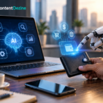 AI agent using a smart wallet for digital payments with an AI-powered API interface displayed on a laptop in a modern office.