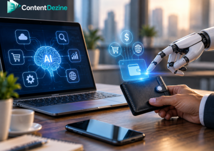 AI agent using a smart wallet for digital payments with an AI-powered API interface displayed on a laptop in a modern office.