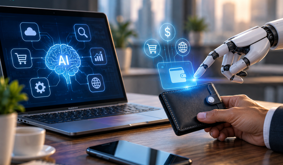 AI agent using a smart wallet for digital payments with an AI-powered API interface displayed on a laptop in a modern office.